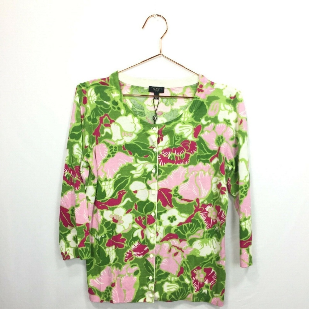 New Talbots S Small Cardigan Green Pink Floral Swe